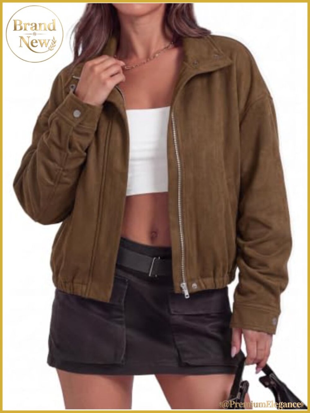 Faux Suede Bomber Jacket Lightweight Zip Up Cropped Coat
